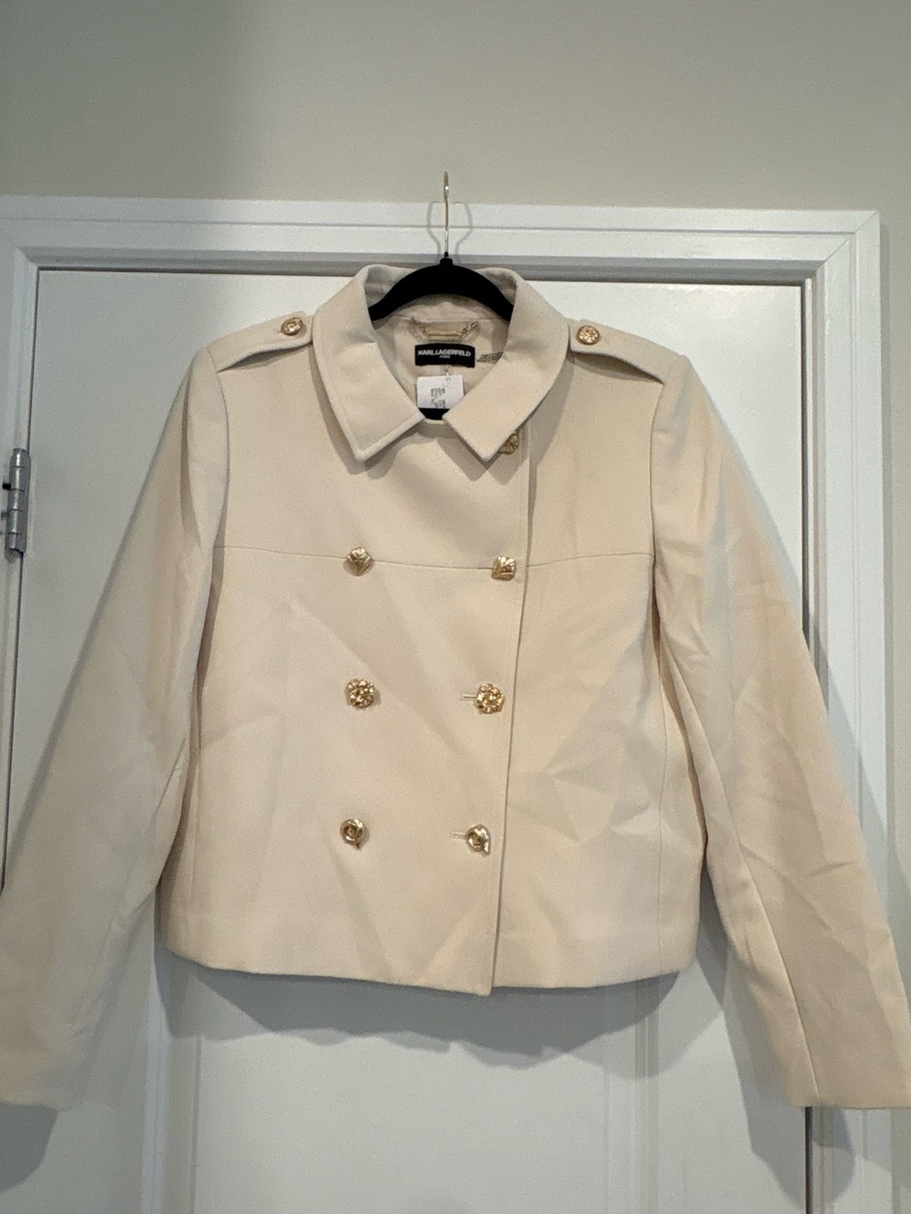 Karl Lagerfeld Cream Double-Breasted Pea Coat with Gold Buttons